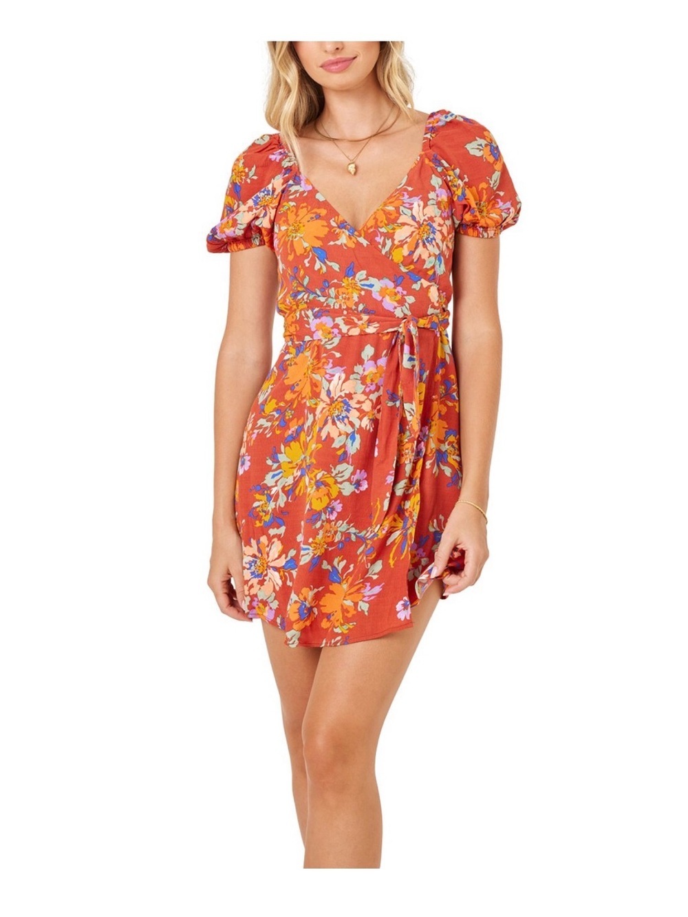 L*Space Cambria First Bloom OrangFloral Wrap Mini Dress Puff Sleeve V-Neck S